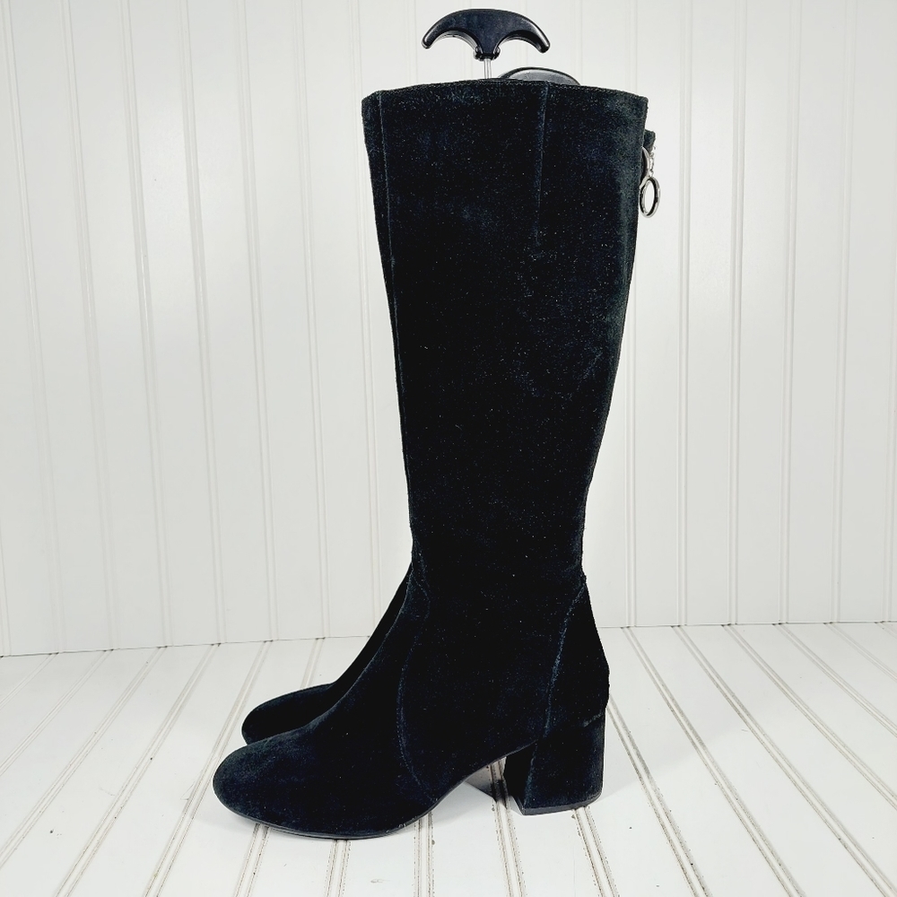 Steve Madden Hanna Black Suede Leather Back Zip Block Heel Tall Boots K271